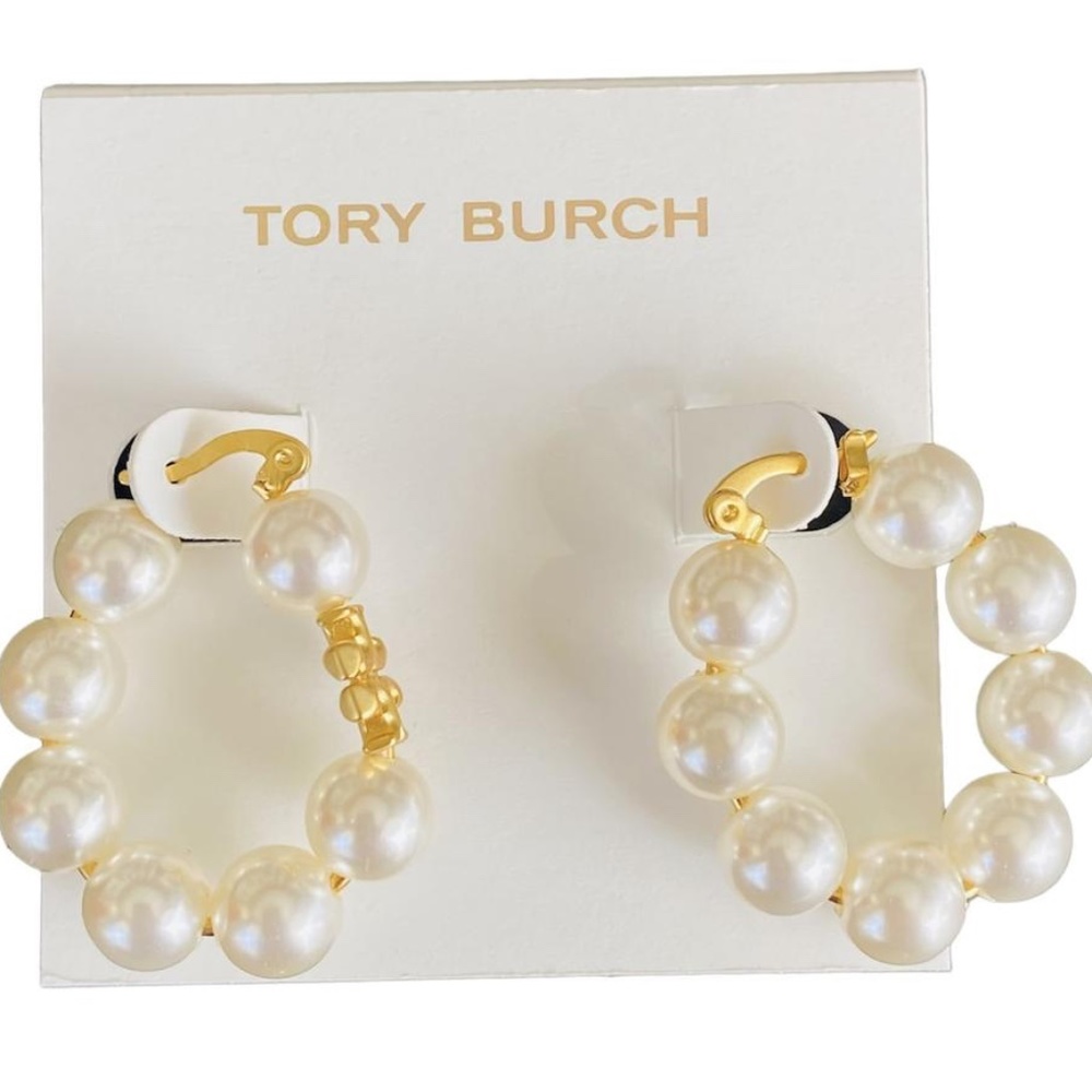 NEW Tory Burch Kira Faux Pearl Hoop Earrings